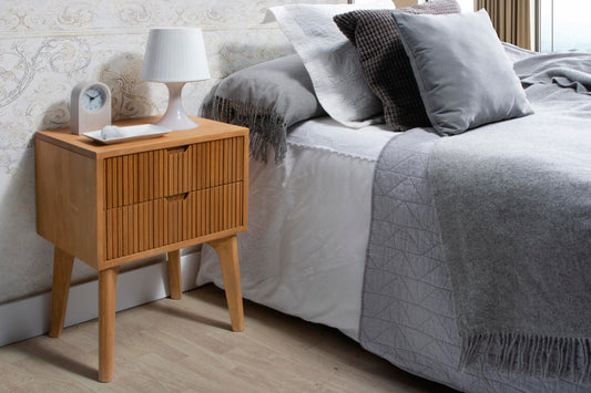 Mesita noche 2 cajones rayados en madera maciza de pino, Ref. 700, Medidas 45*60*35